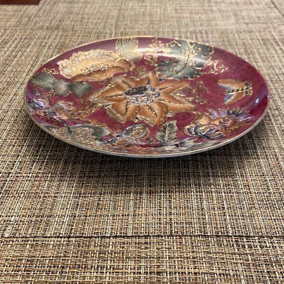 Burgundy Gold Green Floral Decorative Oriental Plate Gold Rim Raised Gold Accent - Picture 2 of 8